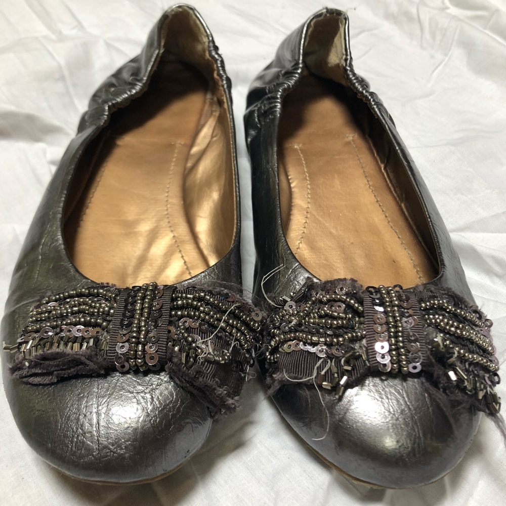 BCBGParis Silver Embellished Bow Ballet Flats